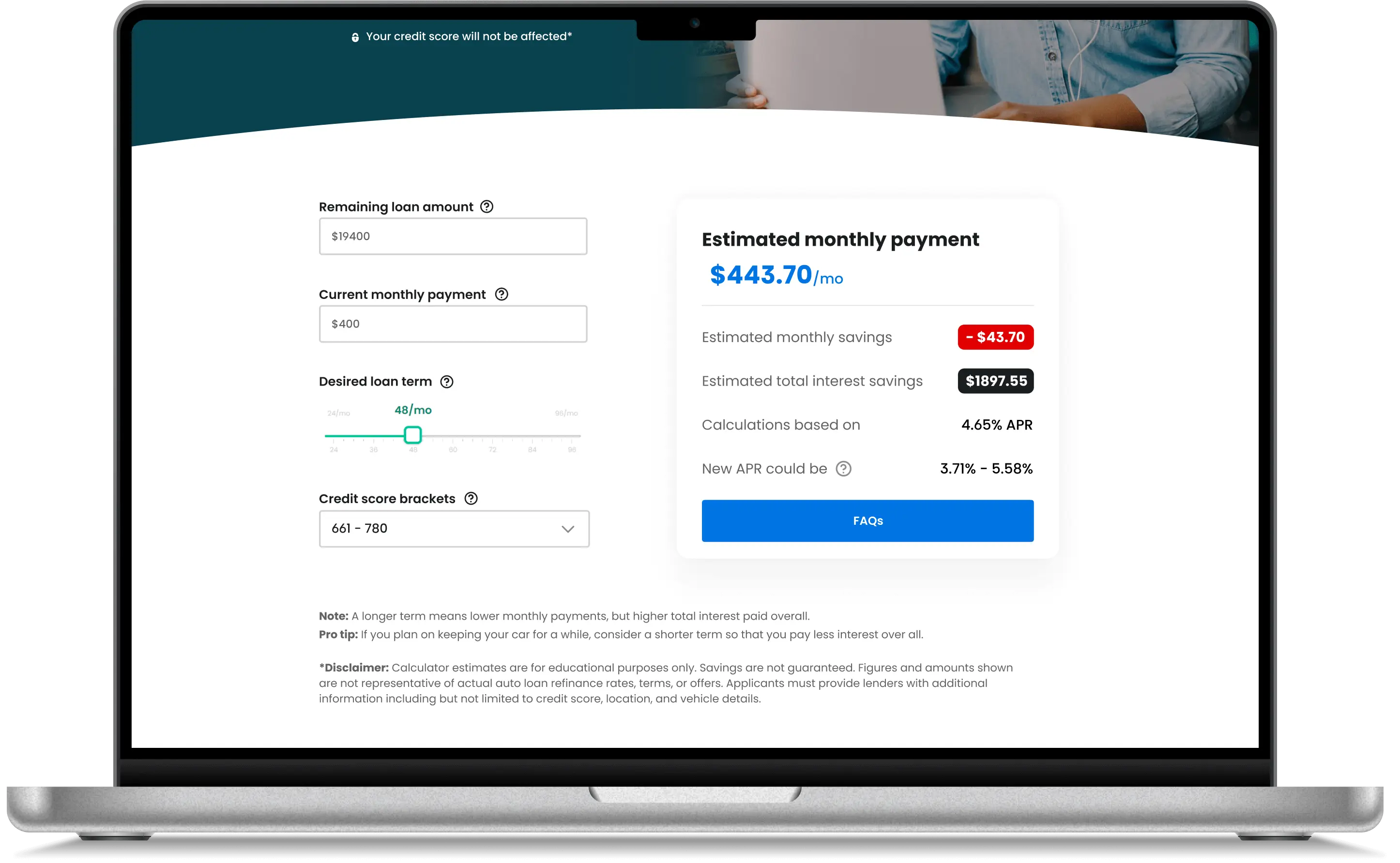 Auto Loan Refinance Calculator - filled calculator with no savings