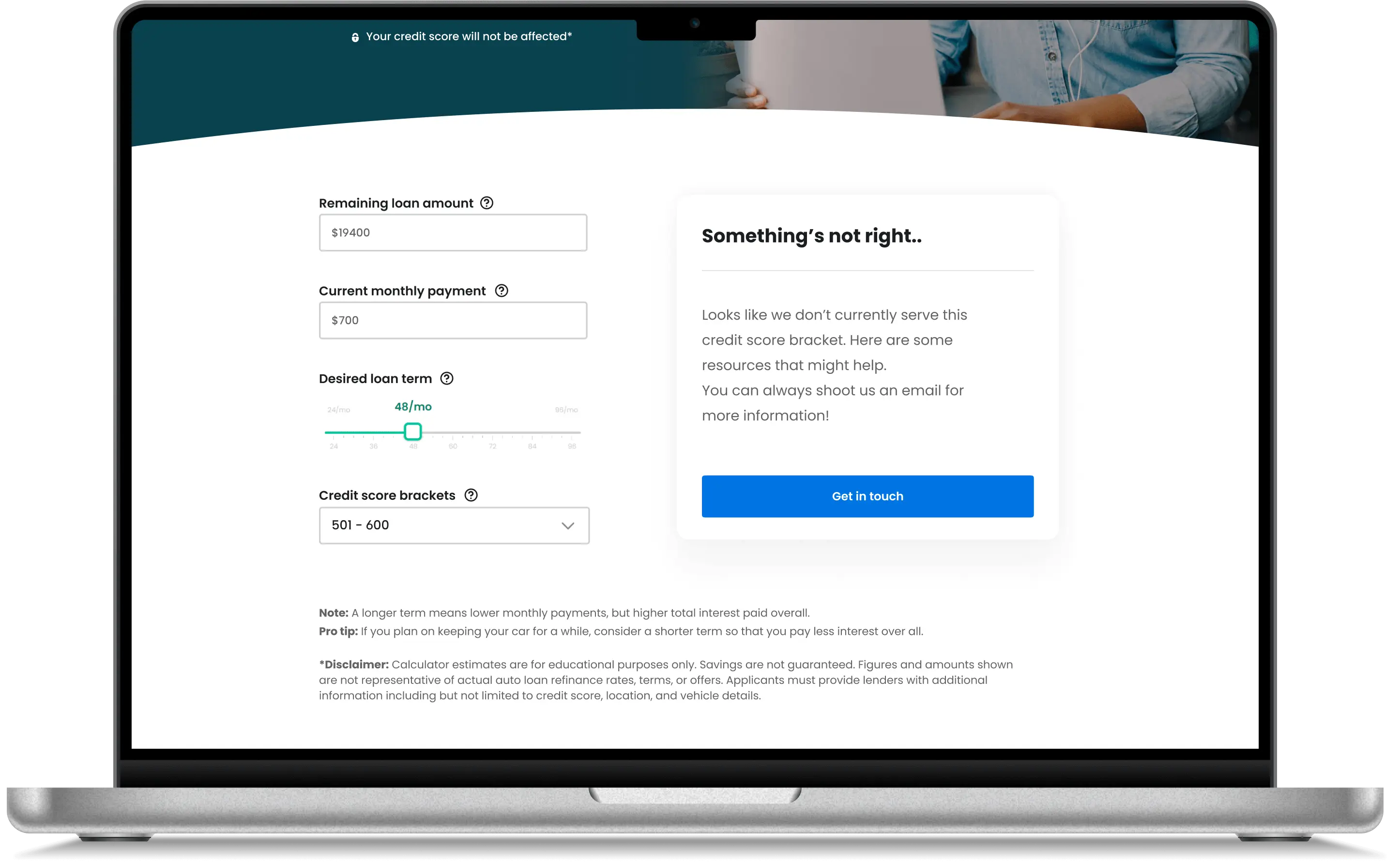 Auto Loan Refinance Calculator - calculator error state
